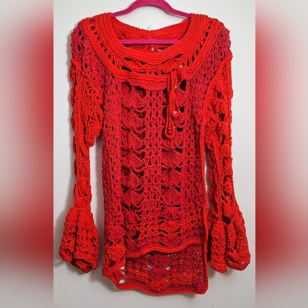 NWT Boho Embossed Crochet Assymetrical Cover-Up/Tunic With Bell Bottom Sleeves - Picture 2 of 8